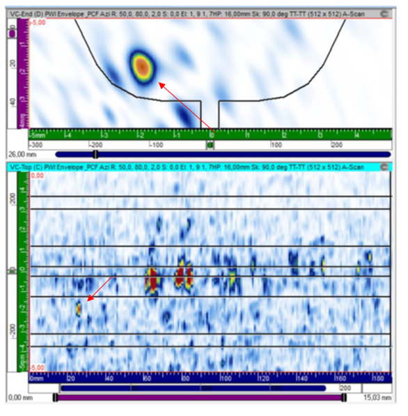 FIGURE 12 – PWI DATA RECONSTRUCTED USING PCF TT-TT PATH, SHOWING ISOLATED PORE IN WELD.png