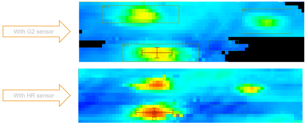 Сравнение сканов датчика G2 и датчика высокого разрешения PEC