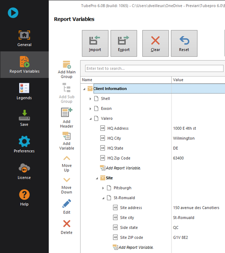 Редактор переменных отчета в TubePro 6